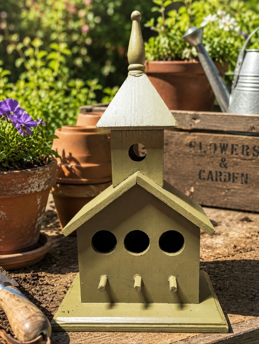 Birdhouse Bird House Wood Wooden Sage Green Church Style Cottagecore Handmade